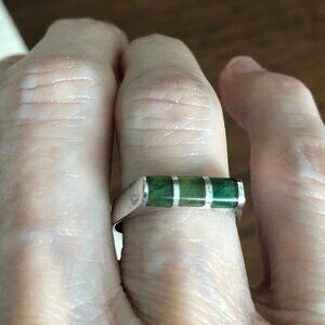 Vintage Silver Ring w Green Gemstone Inlay Stamped by Taxco Creator Sz OS